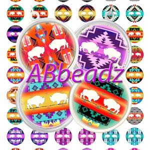 May include: A set of 36 round, colorful, printed, 1 inch diameter, resin cabochons featuring a geometric pattern with a white buffalo silhouette. The cabochons are perfect for crafting jewelry, hair accessories, and other DIY projects.
