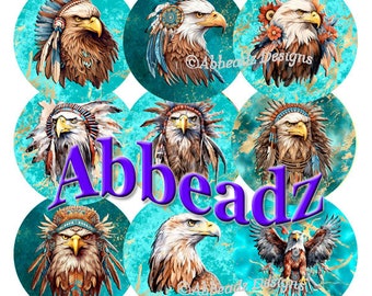 30 Different 1 Inch and 2 Inch Eagles with Head Dresses on Turquoise Backgrounds DIGITAL DOWNLOAD