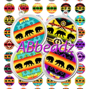May include: Set of 24 round, colorful, printed, resin cabochons with a silver-tone metal setting. Each cabochon features a black bear silhouette walking on a geometric pattern. The cabochons are perfect for jewelry making, crafts, and scrapbooking.