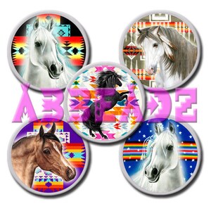 May include: Five round white coasters with colorful Native American patterns and images of horses. The coasters feature a white horse with a blue background, a white horse with a brown background, a black horse with a pink background, a brown horse with a purple background, and a white horse with a blue background.