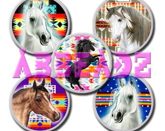 30 Mirrored Pairs - 1 Inch Round Horses on Native American Inspired Bottle Cap Images DIGITAL DOWNLOAD