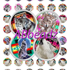 May include: Set of 36 round, colorful, printed, 1 inch diameter, resin bottle caps featuring howling wolves with Native American patterns. The text "Abbeadz" is printed on the image.