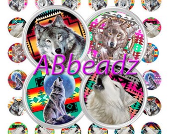 24 - 1 Inch Round Wolves Native American Inspired Bottle Cap Images DIGITAL DOWNLOAD