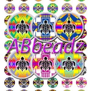 May include: A set of 25 round, colorful, printed bottle caps featuring a turtle design with a geometric pattern. The bottle caps are arranged in a grid pattern with the text "Abeadz" in the center.