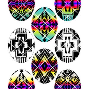 May include: A collection of eight oval-shaped designs featuring geometric patterns. Some ovals display vibrant rainbow gradients of pink, yellow, and blue against black, while others feature stark black and white high-contrast graphic motifs.