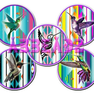 May include: Four round coasters with a colorful geometric pattern and a hummingbird design. Each coaster features a different hummingbird with a unique color scheme.