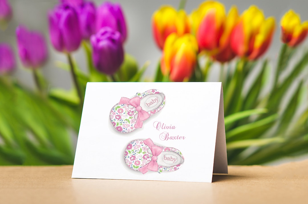 Personalized Baby Girl Stationery, Baby Shoes, Baby Note Cards, Baby