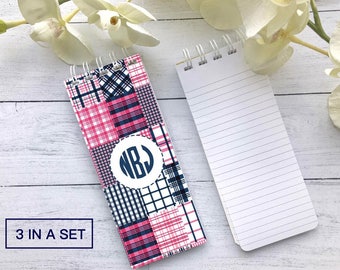 Patch Madras Notepad, Plaid Notepad, Set of 3 Personalized Notepads, Patch Madras, Monogram Notepad, Plaid Lover Gift, Navy and Pink Notepad