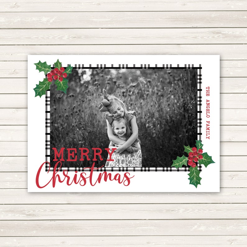 Holly Photo Christmas Cards, Photo Holiday Cards, Photo Christmas Cards, Printed Photo Christmas Cards, Black and White Christmas Cards image 2