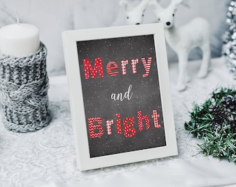 Black and Red Christmas Print, Merry and Bright Print, Christmas Decor, Chalkboard Christmas Decoration, Merry and Bright Holiday Picture