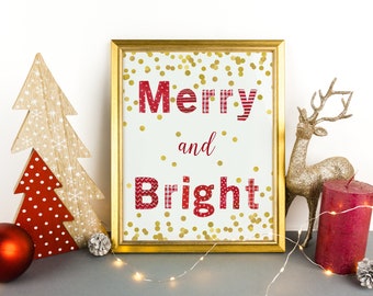 Merry and Bright Print, Christmas Print, Christmas Decor, Red and Gold Christmas Decoration, Merry and Bright Christmas Picture