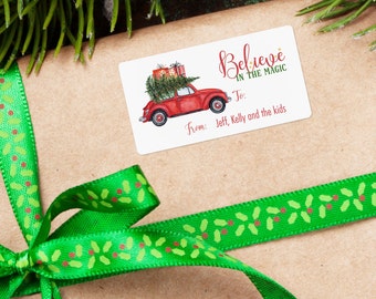 Personalized Christmas Tags, Personalized Gift Labels, Christmas Stickers, Holiday Label, Custom Stickers, Vintage Car, Believe in the Magic