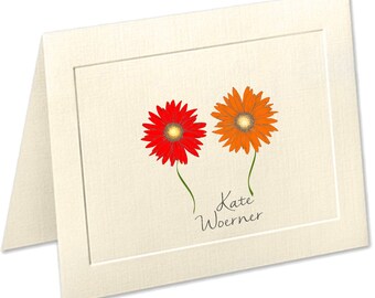 Gerber Daisy Personalized Note Cards, Embossed Panel Linen Finish Stationery, Red Flowers, Personalized Stationery Set, Thank You Cards
