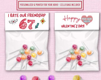 6-7 Classroom Valentines, 67 Children's Cards, Custom Bag Toppers, Personalized Valentine Kit, Set of 12, Tween Slang