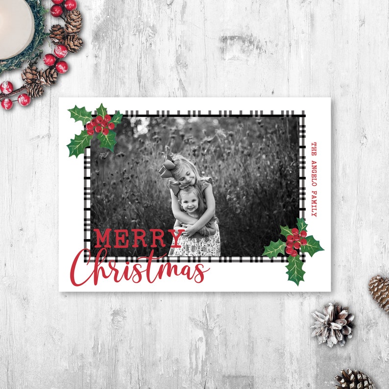 Holly Photo Christmas Cards, Photo Holiday Cards, Photo Christmas Cards, Printed Photo Christmas Cards, Black and White Christmas Cards image 1