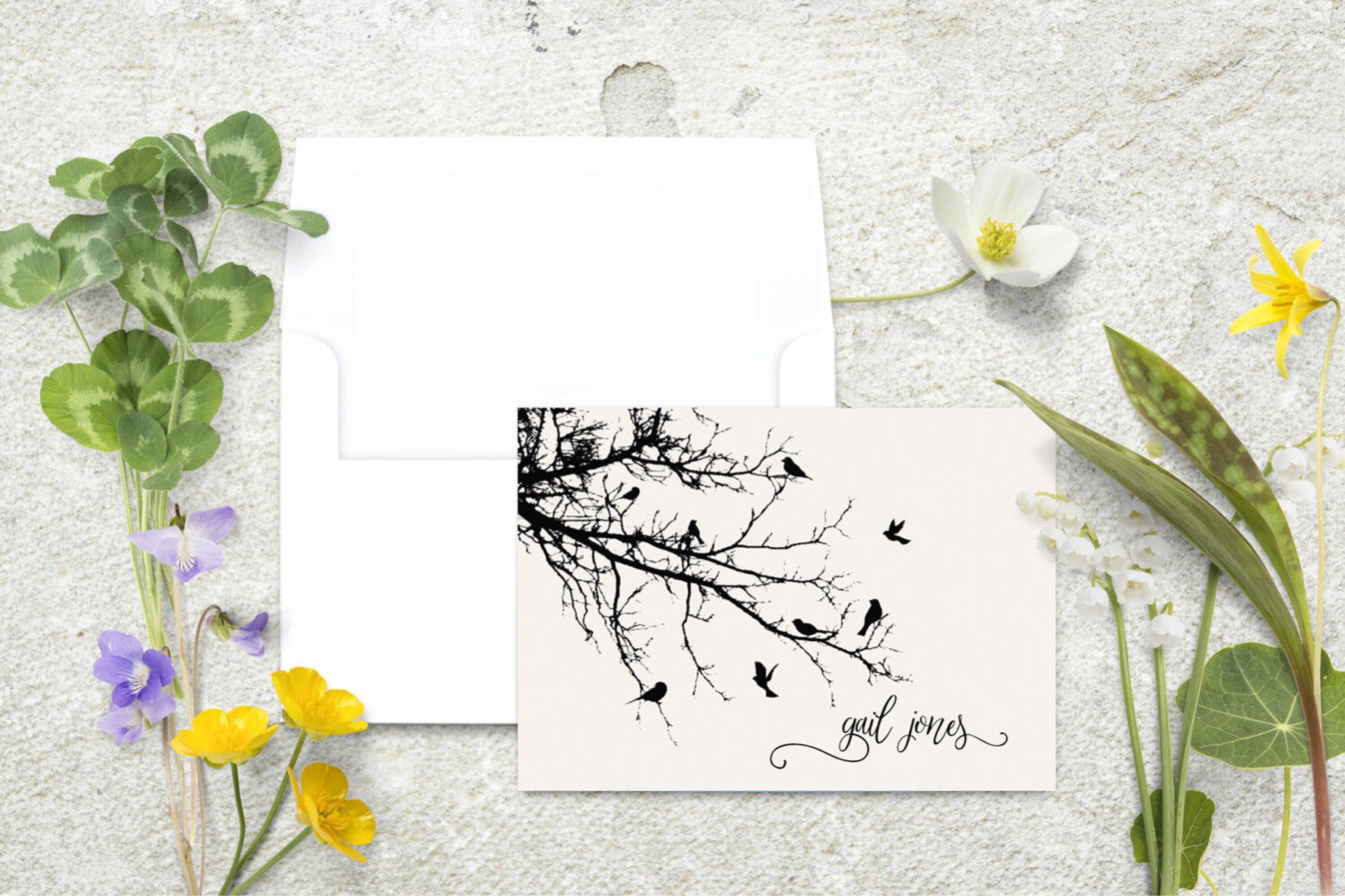 personalized note cards, birds in a tree, black and white