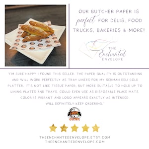 Pu&ograve; includere: Carta da macellaio bianca con un logo marrone e bianco che dice "The Enchanted Envelope". La carta &egrave; stampata con un motivo ripetitivo del logo. La carta &egrave; piegata e posizionata su un piatto bianco con due panini ai pretzel sopra. Il testo "OUR BUTCHER PAPER IS perfect FOR DELIS, FOOD TRUCKS, BAKERIES & MORE!" &egrave; stampato in nero su sfondo bianco. Il testo "I'M SURE HAPPY I FOUND THIS SELLER. THE PAPER QUALITY IS OUTSTANDING AND WILL WORK PERFECTLY AS TRAY LINERS FOR MY GERMAN DELI COLD PLATTER. IT'S NOT LIKE TISSUE PAPER, BUT MORE SUITABLE TO HOLD UP TO LINING PLATES AND TRAYS. COULD EVEN USE AS DISPOSABLE PLACE MATS. COLOR IS VIBRANT AND LOGO APPEARS EXACTLY AS INTENDED. WILL DEFINITELY KEEP ORDERING." &egrave; stampato in nero su sfondo bianco. Cinque stelle dorate sono stampate sotto il testo. Il testo "THEENCHANTEDENVELOPE.ETSY.COM THEENCHANTEDENVELOPE.COM" &egrave; stampato in nero su sfondo bianco.
