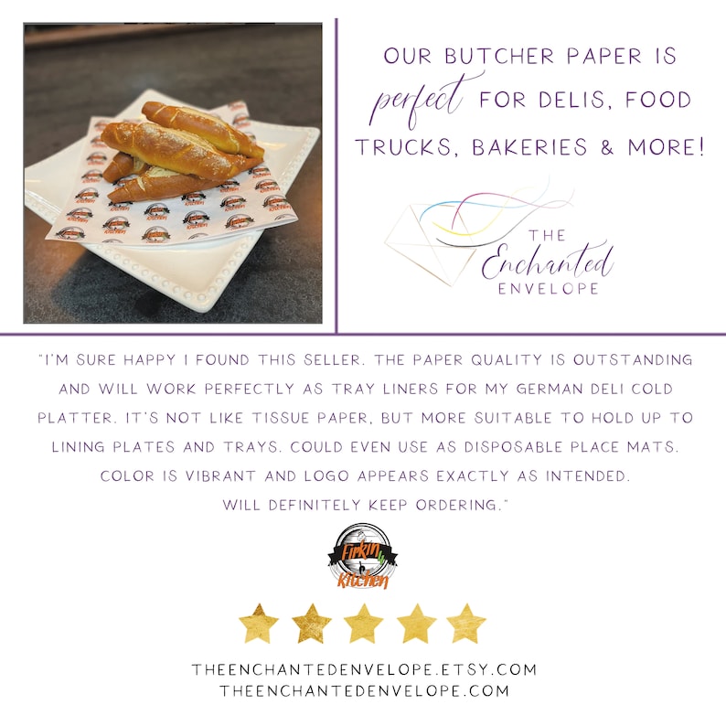 Pu&ograve; includere: Carta da macellaio bianca con un logo marrone e bianco che dice "The Enchanted Envelope". La carta &egrave; stampata con un motivo ripetitivo del logo. La carta &egrave; piegata e posizionata su un piatto bianco con due panini ai pretzel sopra. Il testo "OUR BUTCHER PAPER IS perfect FOR DELIS, FOOD TRUCKS, BAKERIES & MORE!" &egrave; stampato in nero su sfondo bianco. Il testo "I'M SURE HAPPY I FOUND THIS SELLER. THE PAPER QUALITY IS OUTSTANDING AND WILL WORK PERFECTLY AS TRAY LINERS FOR MY GERMAN DELI COLD PLATTER. IT'S NOT LIKE TISSUE PAPER, BUT MORE SUITABLE TO HOLD UP TO LINING PLATES AND TRAYS. COULD EVEN USE AS DISPOSABLE PLACE MATS. COLOR IS VIBRANT AND LOGO APPEARS EXACTLY AS INTENDED. WILL DEFINITELY KEEP ORDERING." &egrave; stampato in nero su sfondo bianco. Cinque stelle dorate sono stampate sotto il testo. Il testo "THEENCHANTEDENVELOPE.ETSY.COM THEENCHANTEDENVELOPE.COM" &egrave; stampato in nero su sfondo bianco.