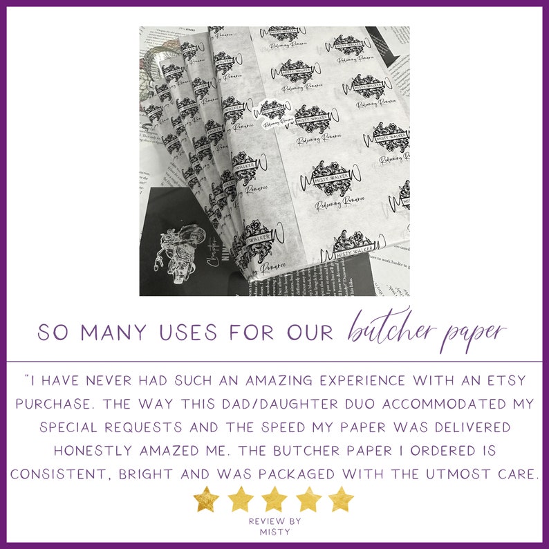 Puede incluir: Una pila de papel de carnicero blanco con un logotipo en blanco y negro que dice "Molly Walker Rosemary" impreso en &eacute;l. El texto "SO MANY USES FOR OUR butcher paper" est&aacute; impreso debajo de la pila de papel. Una rese&ntilde;a de cinco estrellas se muestra debajo del texto con las palabras "REVIEW BY MISTY".