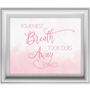 Baby Girl Nursery Decor, Newborn Gift, Baby Girl Gift, Nursery Print, Baby Girl Shower Gift, Your First Breath Took Ours Away, Pink Nursery image 5