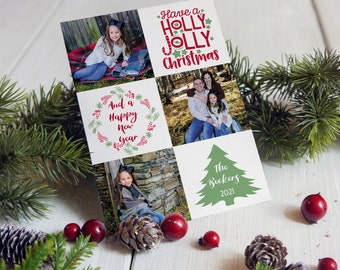 Holly Jolly Photo Christmas Cards, Photo Holiday Cards, Printed Photo Christmas Cards, Square Photos Christmas Cards, Multi Photo Cards