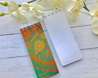 Spiral Bound, To-Do Lists, Set of 3 Personalized Note Pads, Green Ornamental Design, Retro Design, Grocery Lists, Lined Sheets of Paper