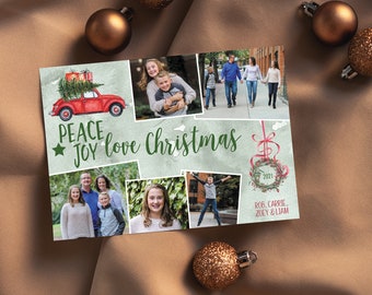 Multi Photo Christmas Cards, Peace Joy Love Photo Christmas Cards, Printed Christmas Cards, Holiday Photo Cards, Watercolor Christmas Cards