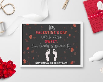 Valentine's Day Pregnancy Announcement Print, Valentine's Pregnancy Reveal, Our Family Is Growing By Two More Feet, Pregnancy Print