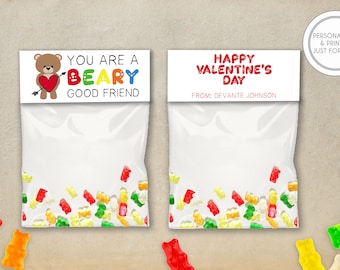 Kids Valentines Day Bag Toppers, Personalized Valentines Day Cards, Printed Kids Valentines, Gummy Bears Valentines Day Cards