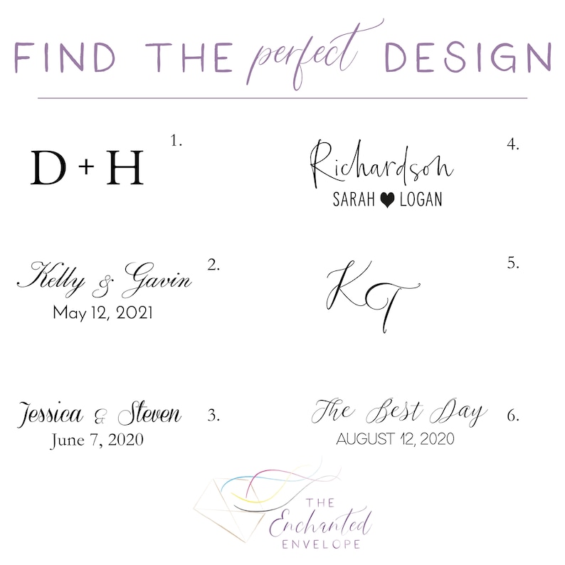 Pu&ograve; includere: Sei diversi design di inviti di nozze con vari stili e testi. I design includono iniziali, nomi e date di matrimonio. Il testo "FIND THE perfect DESIGN" &egrave; in cima all'immagine.