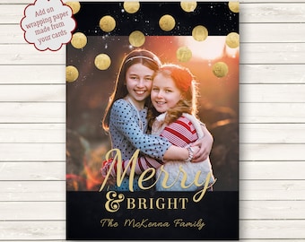 Merry and Bright Christmas Cards, Metallic Gold Photo Christmas Cards, Printed Christmas Cards, Holiday Photo Cards,  Photo Wrapping Paper