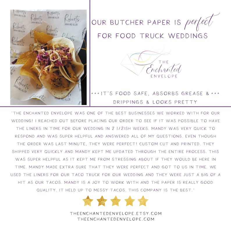 Pu&ograve; includere: Carta da macellaio bianca con il testo "The Enchanted Envelope" e una recensione sui prodotti e servizi dell'azienda. La recensione menziona che la carta &egrave; perfetta per i matrimoni con food truck e che &egrave; sicura per gli alimenti, assorbe il grasso e ha un bell'aspetto. La recensione menziona anche che l'azienda &egrave; stata molto utile e reattiva.