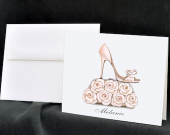 Personalized Bridal Shower Note Cards, Stationery Set, Thank You Cards, Wedding Shoes, Bridal Shoes, Wedding Purse, Roses, Flower Bouquet