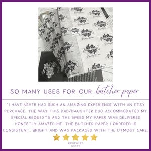 Peut inclure: Un avis client pour du papier boucher avec une note de cinq &eacute;toiles. L'avis indique : "Je n'ai jamais eu une exp&eacute;rience aussi incroyable avec un achat Etsy. La fa&ccedil;on dont ce duo p&egrave;re-fille a r&eacute;pondu &agrave; mes demandes sp&eacute;ciales et la rapidit&eacute; avec laquelle mon papier a &eacute;t&eacute; livr&eacute; m'ont vraiment &eacute;tonn&eacute;. Le papier boucher que j'ai command&eacute; est coh&eacute;rent, lumineux et a &eacute;t&eacute; emball&eacute; avec le plus grand soin."