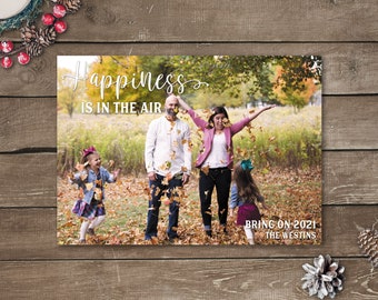 Happiness Is In The Air, Photo Holiday Cards, Photo Christmas Cards, Printed Photo Christmas Cards, Black White and Gold Christmas Cards