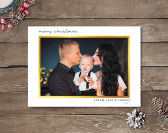 Gold Photo Christmas Cards, Photo Holiday Cards, Printed Photo Christmas Cards, Simplistic Photo Christmas Cards, Large Single Photo Cards