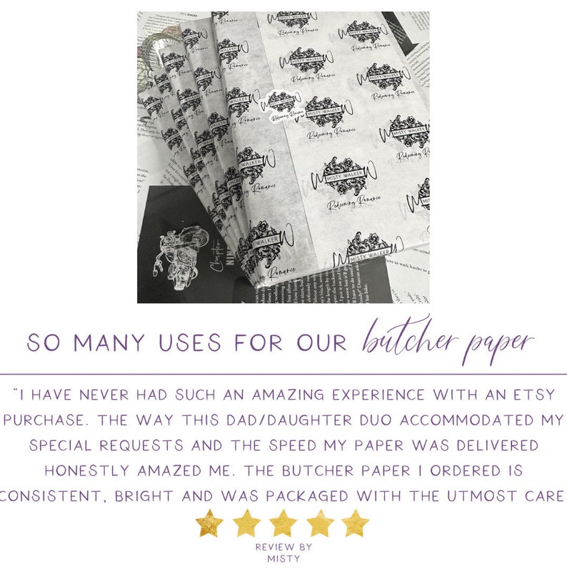 Pu&ograve; includere: Una pila di carta da macellaio bianca con un motivo floreale bianco e nero e il testo "Holly Walker" stampato su di essa. La carta &egrave; piegata e impilata su un tavolo. Il testo "SO MANY USES FOR OUR butcher paper" &egrave; scritto sotto l'immagine. Una recensione a cinque stelle con il testo "REVIEW BY MISTY" &egrave; sotto il testo.