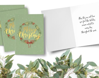 Merry Christmas Cards, Metallic Folded Christmas Card, Wreath Christmas Card, Christmas Card Set, Folded Wreath Card, Foil Christmas Card