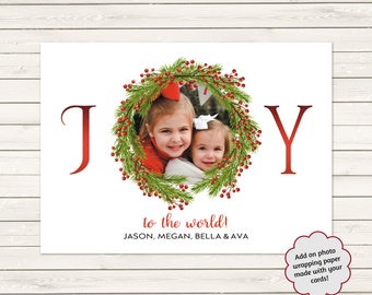 Joy To The World Christmas Cards, Photo Christmas Cards, Printed Christmas Cards, Photo Holiday Cards, Christmas Cards With Wreath