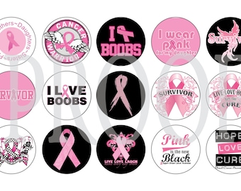 Digital Bottle Cap Image Sheet -  Breast Cancer - 1 Inch Digital Collage - Instant Download