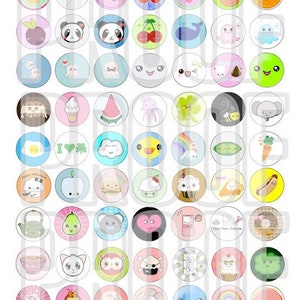 Könnte beinhalten: Ein Set mit 50 bunten runden Aufklebern mit verschiedenen niedlichen Comicfiguren und Designs. Die Aufkleber enthalten Bilder von Tieren, Essen, Gegenständen und abstrakten Designs.