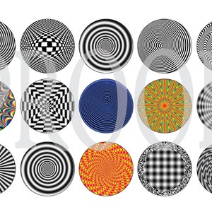 May include: A collection of 16 optical illusion designs in black, white, and color. The designs feature circles, spirals, and geometric patterns.