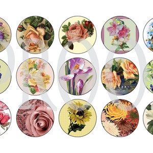 Digital Bottle Cap Image Sheet - Vintage Flowers - 1 Inch Digital Collage - Instant Download