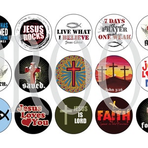 May include: A set of 12 round stickers with Christian themes. The stickers feature various designs, including crosses, fish symbols, and inspirational quotes. Some of the quotes include "Jesus Rocks", "Live What I Believe", "7 Days Without Prayer Makes One Weak", "Jesus Loves Me", "Jesus Is Lord", and "Faith".