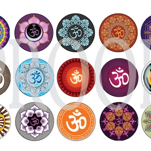 Puede incluir: Un conjunto de 15 pegatinas redondas con el símbolo Om en varios colores y diseños. Las pegatinas tienen una variedad de patrones de mandalas y diseños florales.