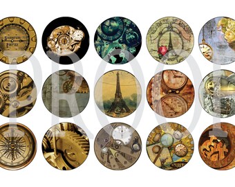 Digital Bottle Cap Image Sheet - Steampunk - 1 Inch Digital Collage - Instant Download