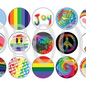 May include: Set of 16 round stickers featuring various rainbow designs, including rainbows with hearts, peace signs, smiley faces, music notes, and the word "Joy".