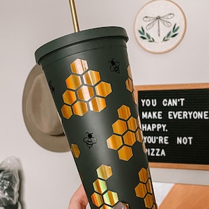 Bee & Honeycomb Custom Insulated Tumbler | Large Iced Coffee Cup with Straw | Reusable Cold Cup | Beehive Tumbler | Gift for Best Friend