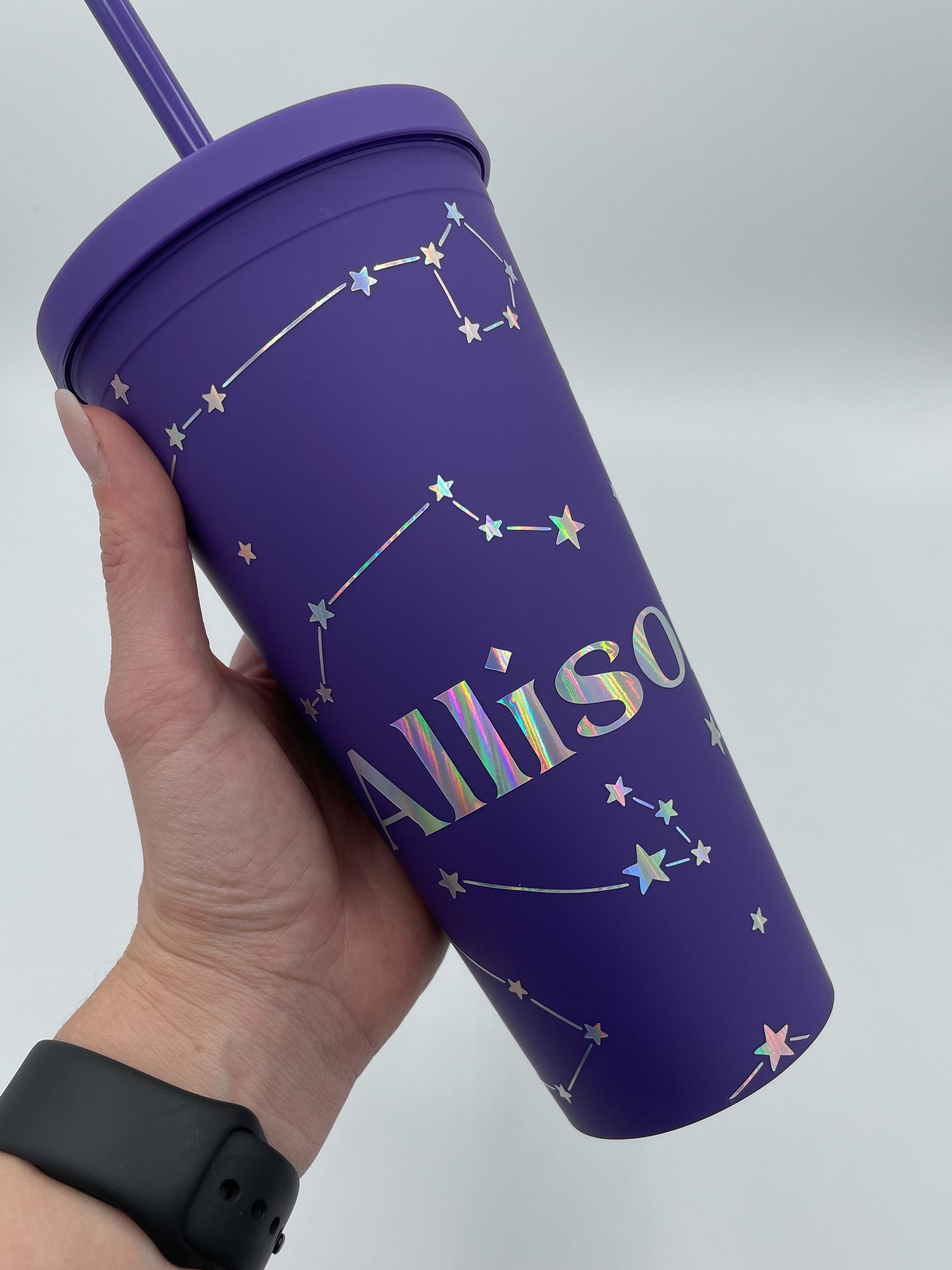 Zodiac Custom Insulated Tumbler With Straw Large Iced Coffee Cup  Holographic Constellation Reusable Cold Cup Horoscope Cup 