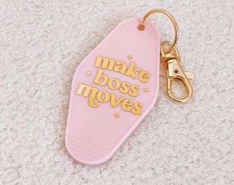 Retro Motel Keychain | Make Boss Moves Key Ring | Small Business Owner Gift | Vintage Motel Tag | Pink Key Ring |  Accessories